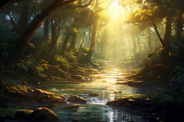 A tranquil river flowing through a lush forest, with rays of sunlight breaking.