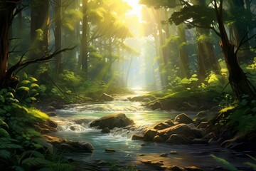 A tranquil river flowing through a lush forest, with rays of sunlight breaking.