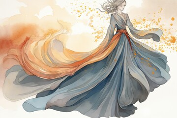 Intricate Details and Dreamy Palette: Discover a Truly Elegant Fashion Illustration of a Flowing Gown, generative AI