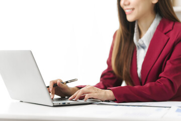 Asian people independent investment consultant captured in her element at office, donning vibrant...