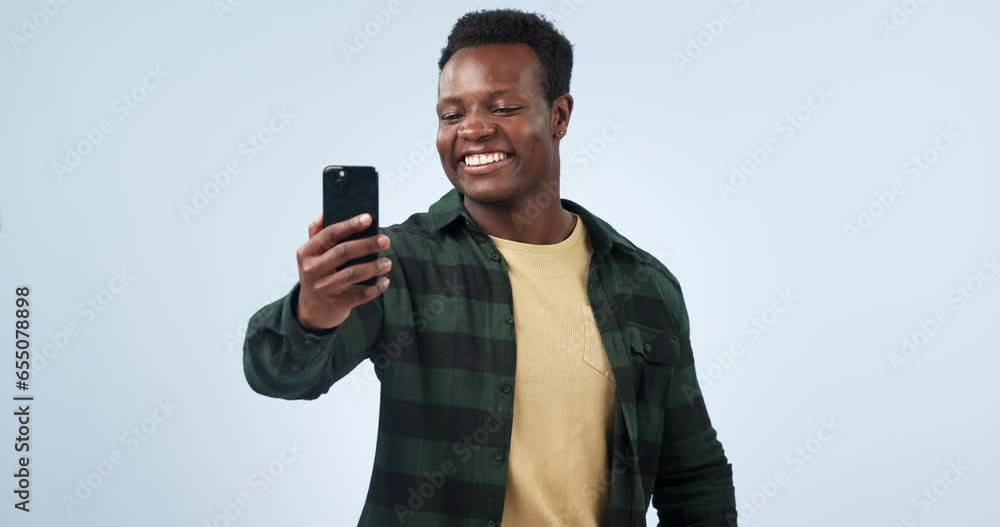 Aufkleber happy black man, phone or video call wave on studio background for social media, blog and live strea