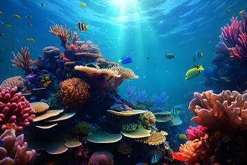 A captivating underwater shot of a vibrant coral reef teeming with marine life.