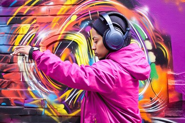 Vibrant Mural Creation on City Wall: Graffiti Artist with Headphones Embraces Bold Colors and Dynamic Shapes, generative AI