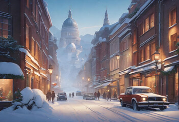 Obraz premium Snowy. Cityscape. Winter. Urban. Snowfall. Scenic. Frosty. Cold. Downtown. Architecture. Seasonal. Metropolis. Christmas. Holiday. Frosty Skyline. Icy Streets. Tranquil. Urban Beauty. AI Generated.