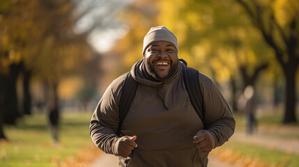 A chubby black man exercising, and a healthy jogger walking in a city park.