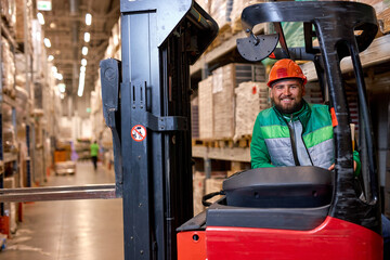 Retail Warehouse full of Shelves with Goods: caucasian man with Electric Forklift Truck Going to...