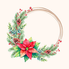 vector Watercolor Christmas Wreath  decoration with a frame