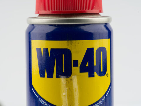 Moscow, Russia-September 16, 2022: Multifunctional lubricant WD 40. Closeup