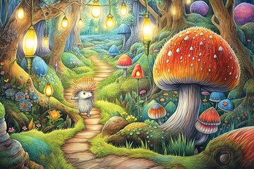 Cute Hedgehog Explores Whimsical Forest: A Delightful Journey Through Moss-Covered Trees, Sparkling Streams, and Woodland Creatures, generative AI