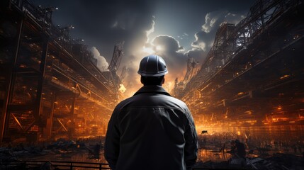 an engineer technician watching a team of workers on a tall steel platform. Engineer technicians are looking at and analyzing unfinished construction projects.