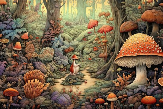 Whimsical Hedgehogs in a Forest Wonderland: Explore their Adorable Habitat amongst fallen leaves and mushrooms, generative AI