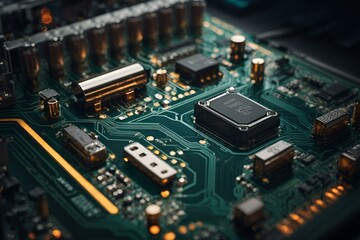 Fototapeta premium a futuristic circuit board with interconnected geometric components.