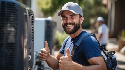 A Male electrician giving a thumbs up Air conditioner repairman working from home - obrazy, fototapety, plakaty