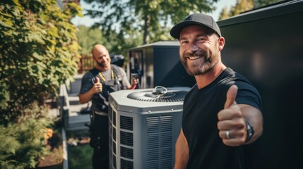 A Male electrician giving a thumbs up Air conditioner repairman working from home - obrazy, fototapety, plakaty