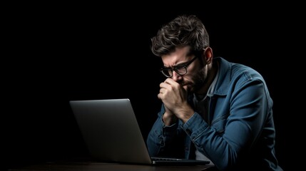 person is sitting in dark room, looking frustrated in laptop