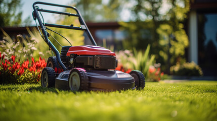 Lawn mover on green grass in sunny day