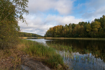 View from the shore of Lake Ladoga near the village of Lumivaara on a sunny autumn day, Ladoga skerries, Lahdenpohya, Republic of Karelia, Russia