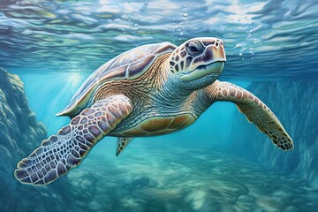 Fototapeta premium Sea Turtle Drawing: Captivating Underwater Tableau Unveils Graceful Gliding in Crystal-Clear Turquoise Waters, generative AI