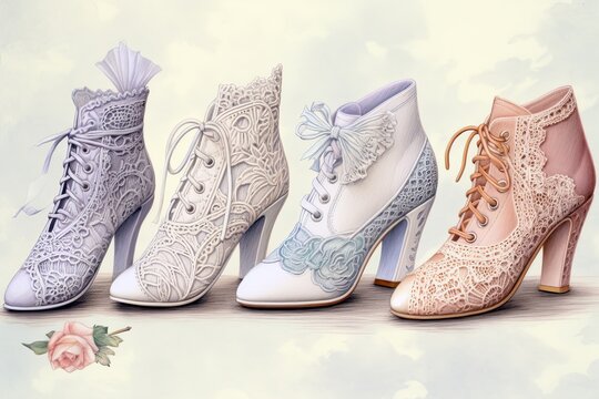 Elegant Shoe Drawings: Classic Literature-inspired Collection with Intricate Lace Patterns, Pearl Embellishments, and Soft Pastel Colors, generative AI