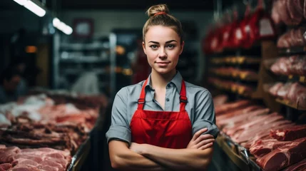 Fotobehang a female worker standing in front of a shelf with raw meat. Butcher working in a modern butcher shop © sirisakboakaew