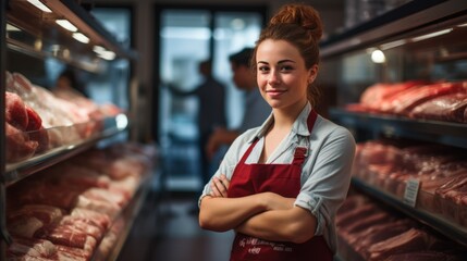 a female worker standing in front of a shelf with raw meat. Butcher working in a modern butcher shop - obrazy, fototapety, plakaty