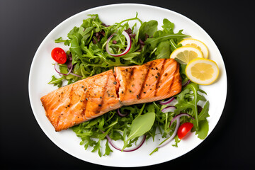 grilled salmon with salad isolated on black