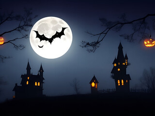 Happy Halloween background with scary pumpkin candles in the graveyard at night with a spooky castle background 