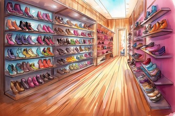 Fototapeta premium Stylish Shoe Designs: Explore Latest Trends at a Fashionable Shoe Store with a Plethora of Designs and Colors, generative AI