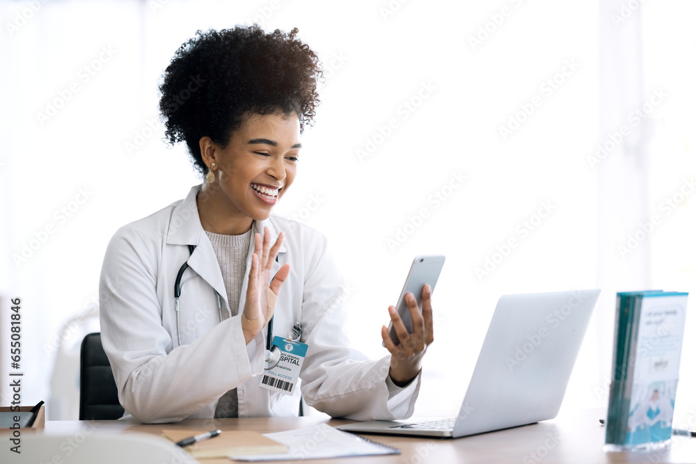 Canvas Prints Doctor, woman and video call or phone communication in healthcare, social media or telehealth service at office. Happy african person or medical worker wave hello or talking on mobile voip for advice