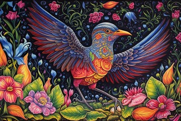 Vibrant Garden Delight: Shoebird Drawing Fluttering Among Blooming Flowers, a Whimsical Creature with a Shoe Body and Bird Wings and Beak, generative AI