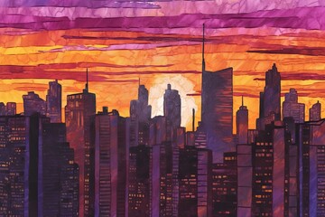 Golden and Purple Sunset Cityscape Drawing: Breathtaking Urban Skyline Silhouetted by Towering Skyscrapers, generative AI