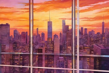 Golden and Purple Sunset Cityscape Drawing: Breathtaking Urban Scene with Towering Skyscrapers Silhouetted Against a Reflecting Sky, generative AI