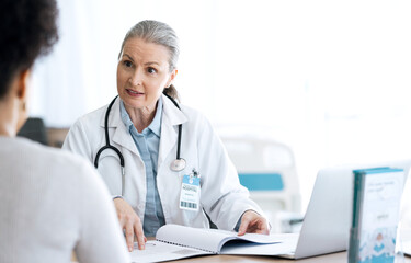 Doctor, woman and documents for healthcare consultation, hospital support and patient charts,...