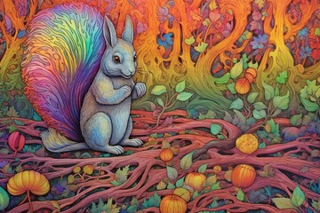 Vibrant Autumn Forest Scene: Playful Squirrels Collecting Acorns amidst Colorful Falling Leaves, generative AI