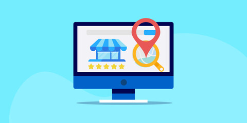 Finding business store, shop location on search engine map, internet technology SEO ecommerce marketing concept, vector illustration.