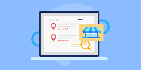 Business location map and review on search engine page, local business optimization and SEO, internet marketing concept, vector illustration.