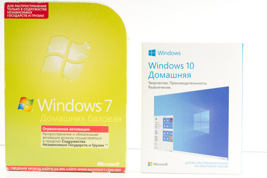 Moscow, Russia-October 16, 2022: Box with operating systems for Windows 10 and Windows 7 computer. On a white background