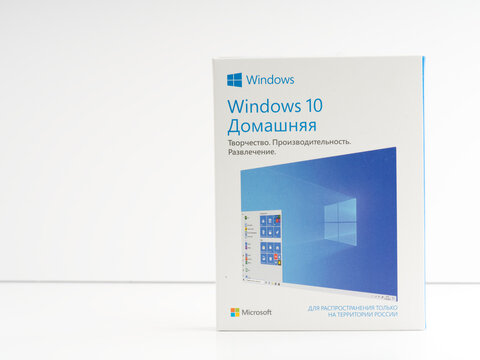 Moscow, Russia-October 16, 2022: A box with an operating system for a Windows 10 computer. On a white background