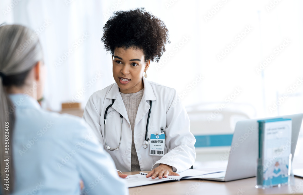 Canvas Prints Doctor, woman and patient folder in healthcare consultation, hospital support and advice for test results. Client and medical professional with documents folder, paperwork and discussion in office