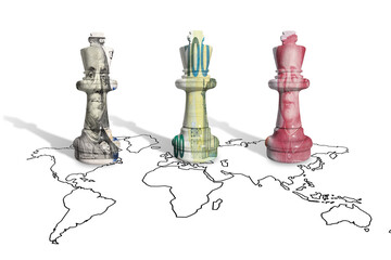 Chess made from 100 dollars, euros and yuan on a world map with transparent background. China,...