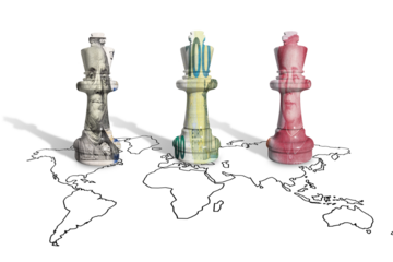 Chess made from 100 dollars, euros and yuan on a world map with transparent background. China, Europe Union and United States of America trade competition