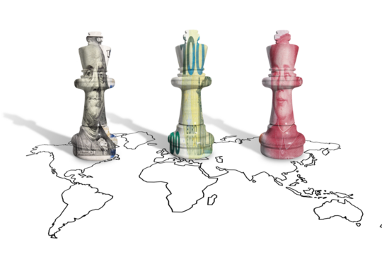 Chess made from 100 dollars, euros and yuan on a world map with transparent background. China, Europe Union and United States of America trade competition - Powered by Adobe
