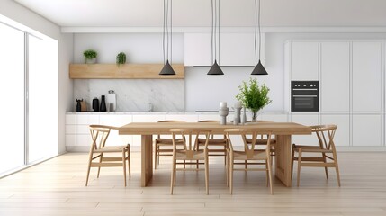 Fototapeta premium modern kitchen with oak wood dining table