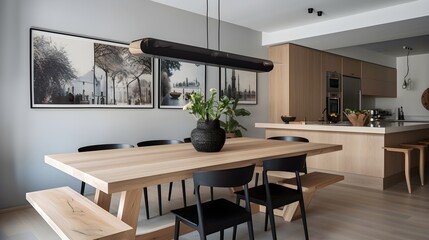 modern kitchen with oak wood dining table - obrazy, fototapety, plakaty