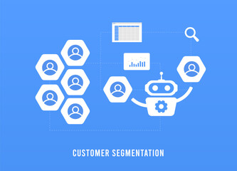 Customer segmentation sorts customers into groups for better digital marketing. AI Market segmentation vector illustration isolated on blue background with icons