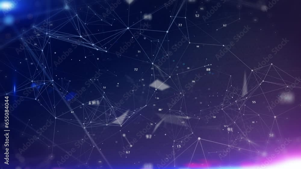 Poster Technology digital line corner structure cyber data network connection concept. Abstract geometric, triangle shape moving with number particle floating in blue 4K motion background.