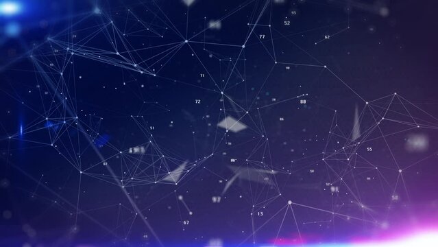 Technology digital line corner structure cyber data network connection concept. Abstract geometric, triangle shape moving with number particle floating in blue 4K motion background.