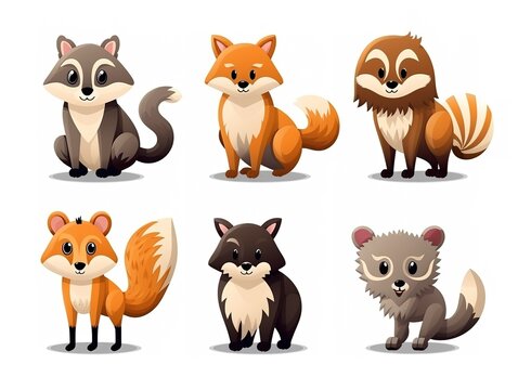 Animal set fox, raccoon, lynx, hedgehog, badger