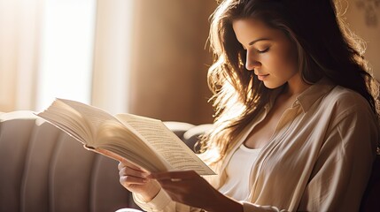 Generate an actual image of woman holding a book while peacefully reading outdoor