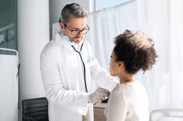 Stethoscope, people and doctor listen to patient heartbeat, breathing or help with asma lung virus,...